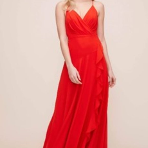 NWT ASTR The Label HOLLAND Hot Red Surplice V-Neck Ruffled Maxi Dress M 6/8 - Picture 1 of 5